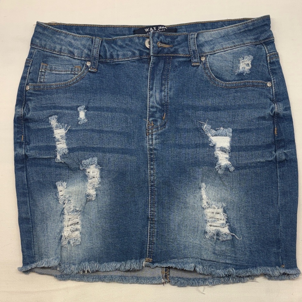 Wax Jean Distressed Blue Mini Skirt